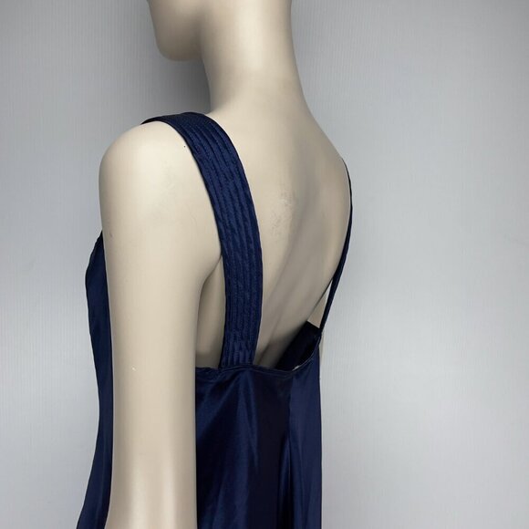 VINTAGE Satin Open Back Long Maxi Slip Dress Midnight Blue V-neck sz M - Picture 3 of 6